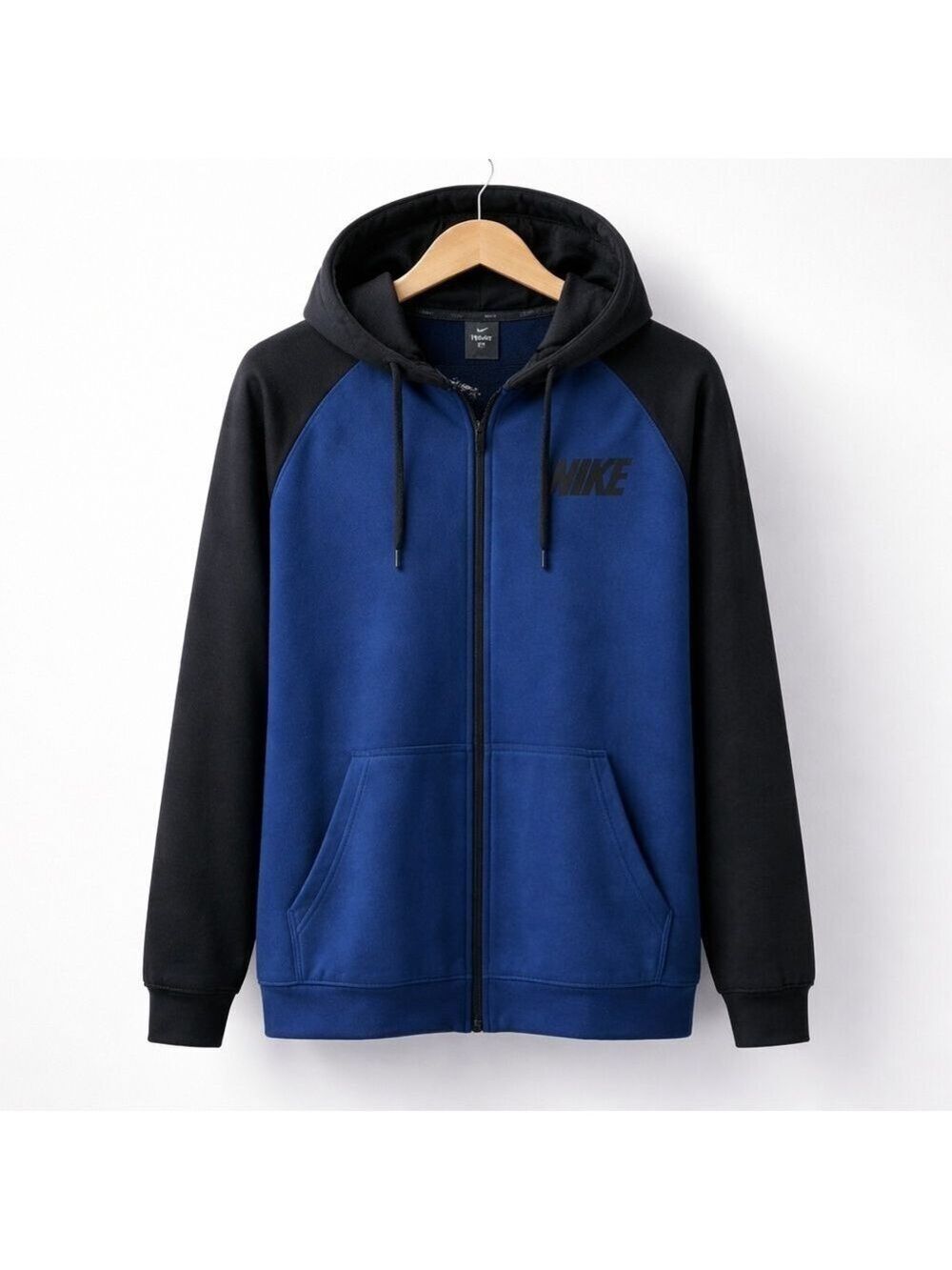 Nike Dri-Fit full zip hoodie in blue and black with front pockets and adjustable